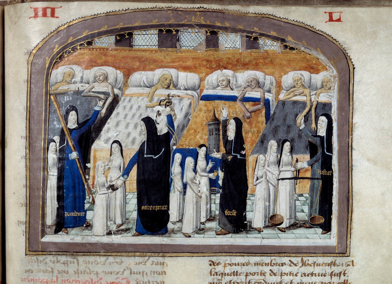 Una sala del Hôtel-Dieu en París llena de enfermos asistidos por las monjas. Cada monja simboliza una virtud necesaria para la asistencia de los enfermos: prudencia, fortaleza, justicia. Miniatura de un manuscrito de 1482. París. Museo de la Asistencia Púb de Unknown artist