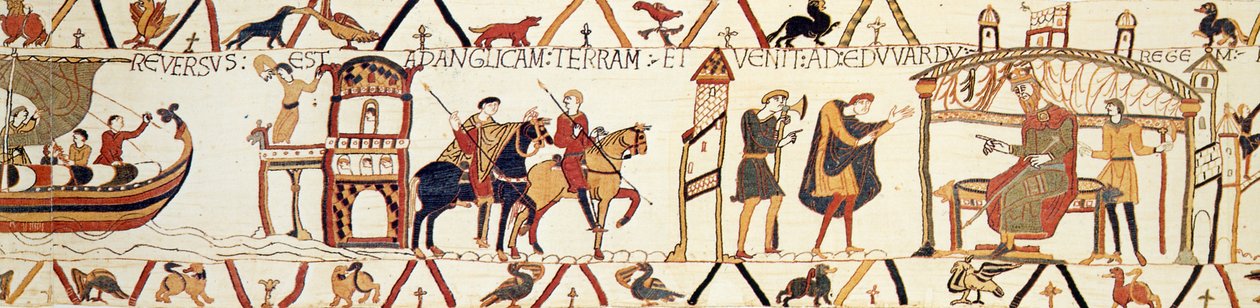 Una escena del Tapiz de Bayeux que muestra al Rey Eduardo hablando con Harold de Unknown artist