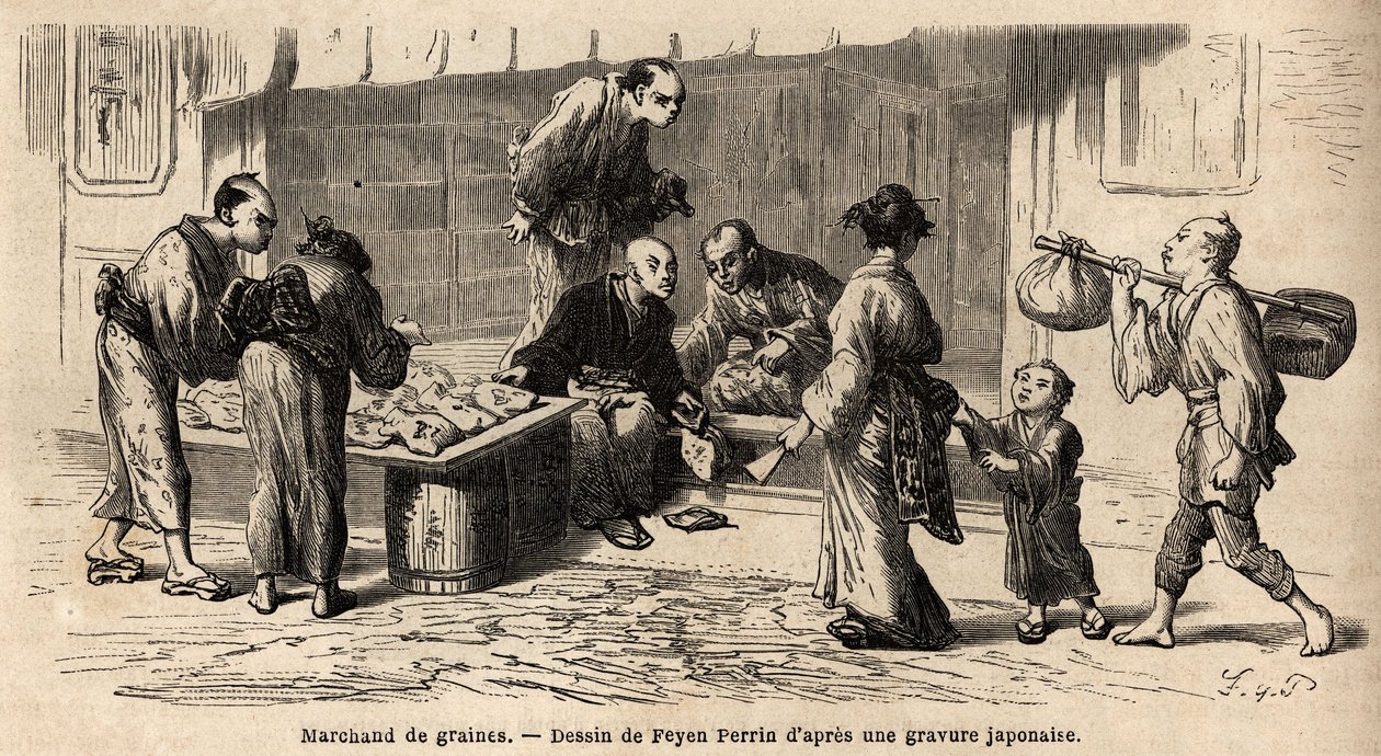 Un vendedor de semillas en medio de la calle. Grabado para ilustrar el viaje a Japón, en 1863-1864, por Aime Humbert, ministro de la Confederación Suiza, en “Le tour du monde, nouveau journal des voyages” publicado bajo la dirección de Edouard Charton de Unknown artist