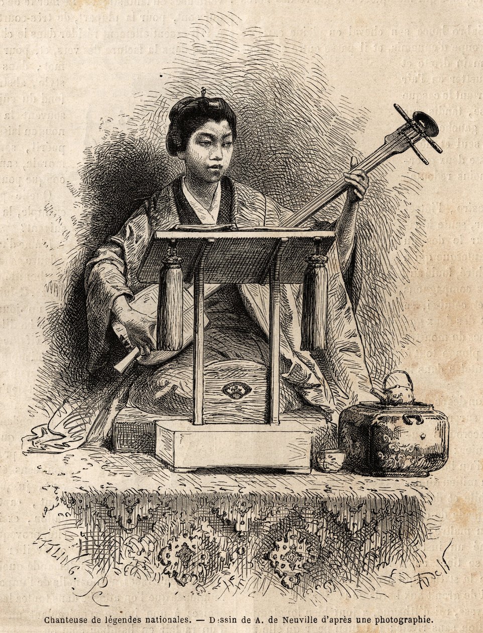 Una cantante de leyendas nacionales, tocando shamisen para acompañar su canción, sentada detrás de su escritorio. Grabado para ilustrar el viaje a Japón, en 1863-1864, por Aime Humbert, ministro de la Confederación Suiza, en 