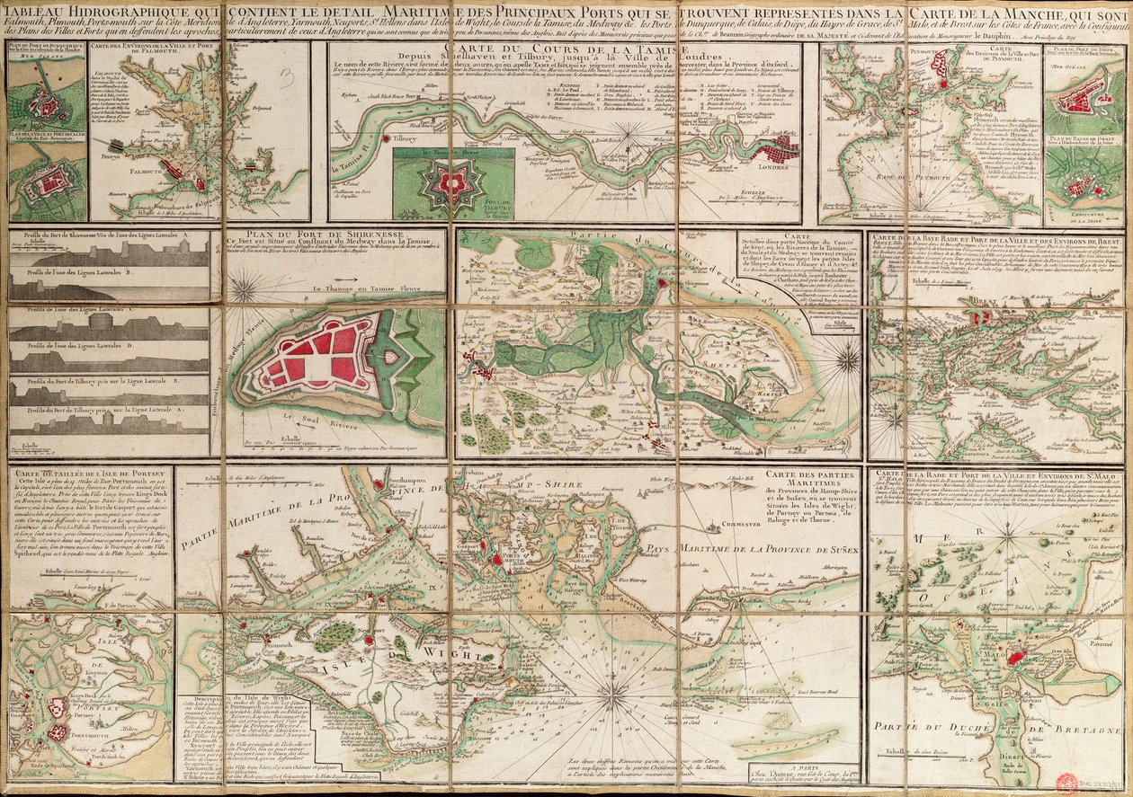 Tabla con los datos de los principales puertos marítimos representados en el mapa del Canal de la Mancha, c.1780 (papel, lino) de Unknown artist