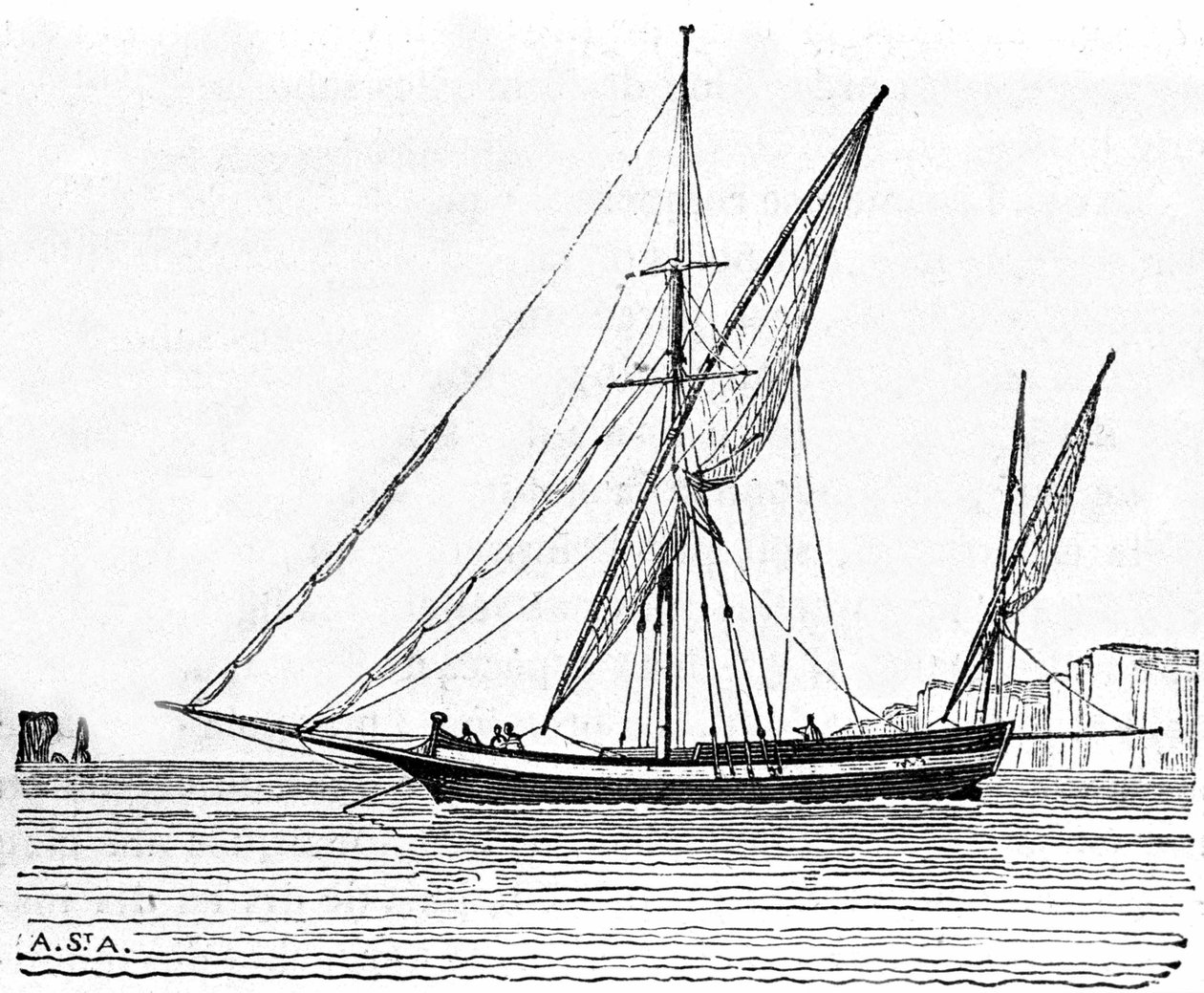 Una tartana, un pequeño barco con un gran mástil del Mediterráneo. de Unknown artist