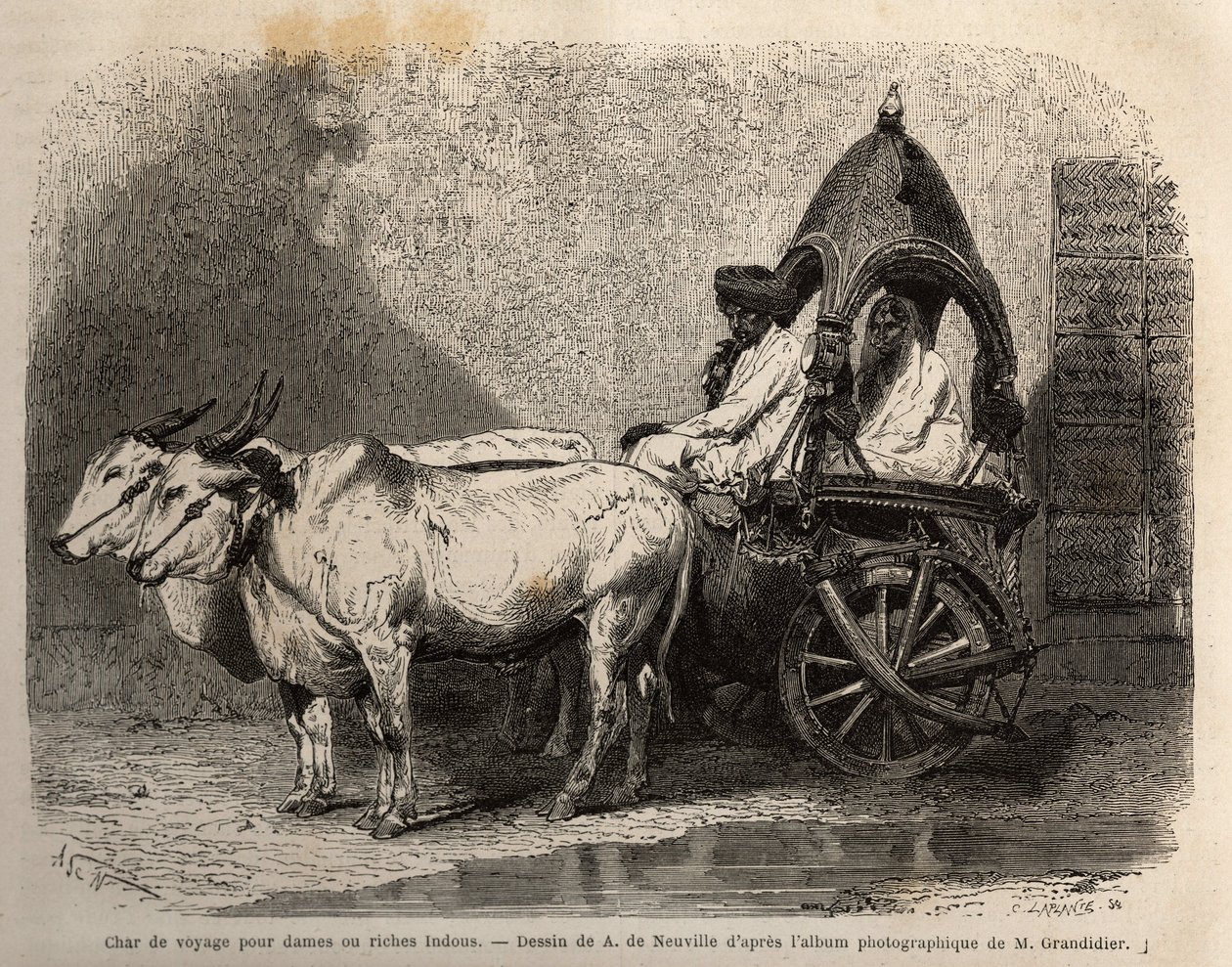Un tanque de viaje tirado por dos bueyes blancos, para damas o hindúes adinerados. Grabado para ilustrar el viaje en las provincias meridionales de la India, por Alfred Grandidier, en 1862-1864, publicado en “Le tour du monde”, bajo la dirección de D