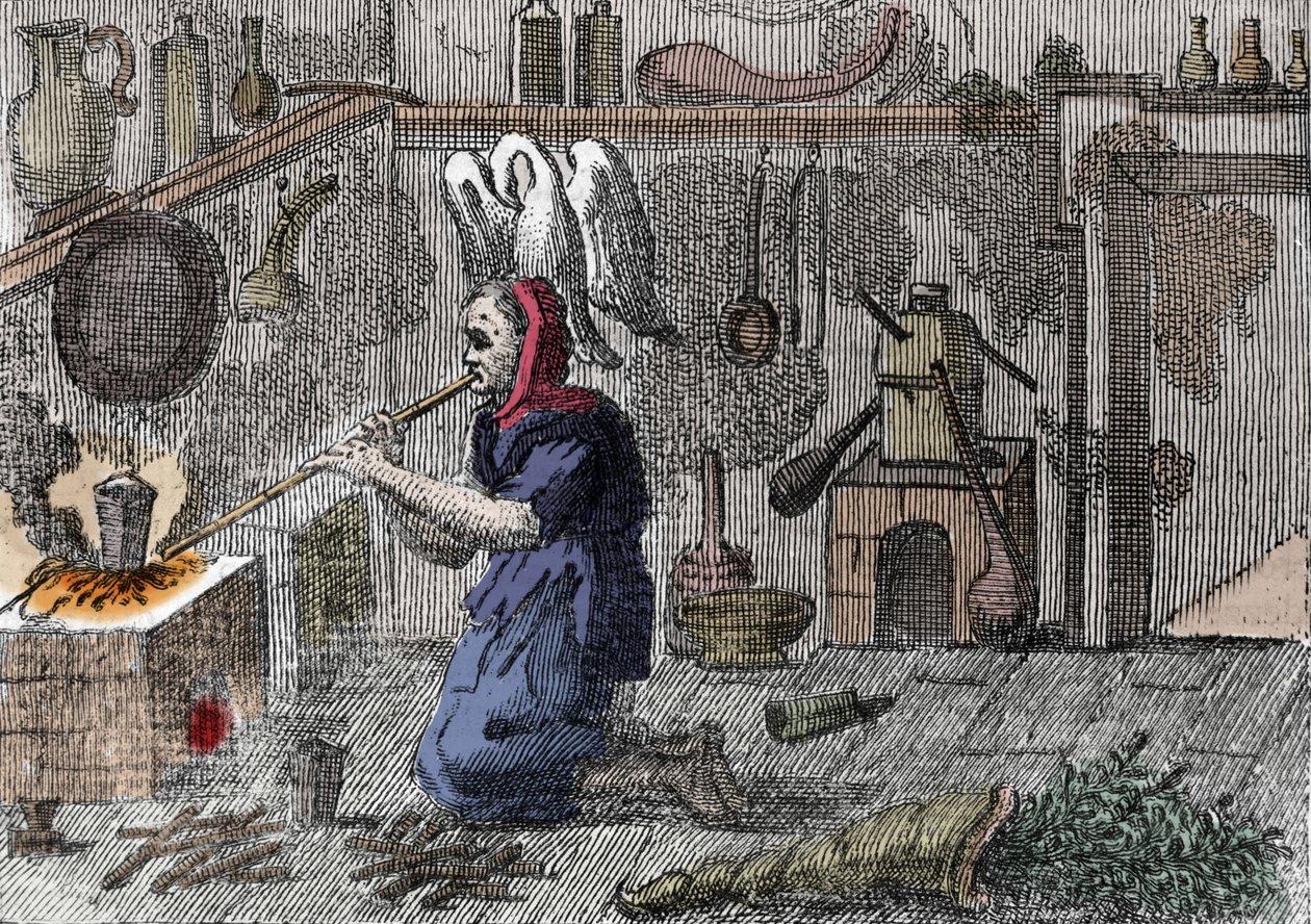 Una bruja en su laboratorio preparando una poción mágica. Grabado del siglo XVI de Unknown artist