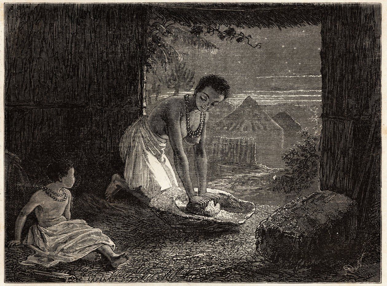 Una mujer moliendo grano en un quemador, el molino consiste en un bloque estacionario de granito en forma de canal y una pieza de cuarzo convexa. Grabado para ilustrar los primeros viajes del Dr. Livingstone al sur de África de 1840 a 1856, en “Le tour du  de Unknown artist