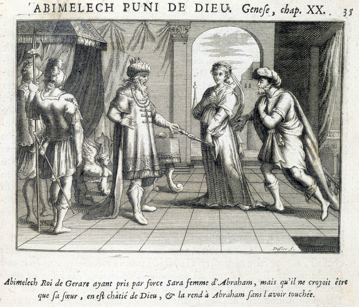 Abimelec entrega a Sara a Abraham - Biblia, grabado de Unknown artist