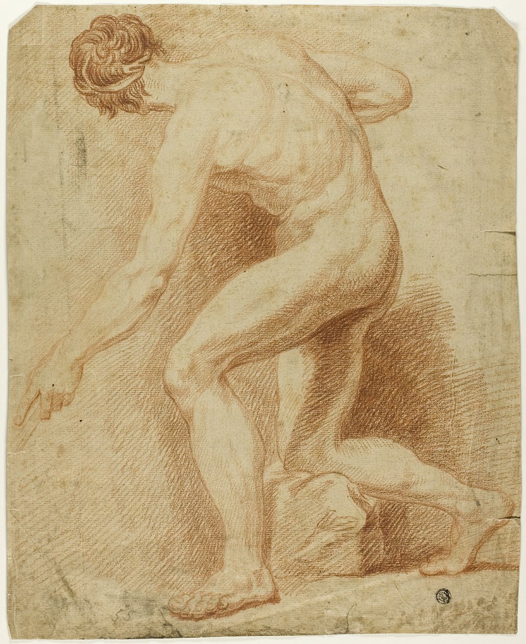 Desnudo masculino académico, medio arrodillado y visto de espaldas de Unknown artist