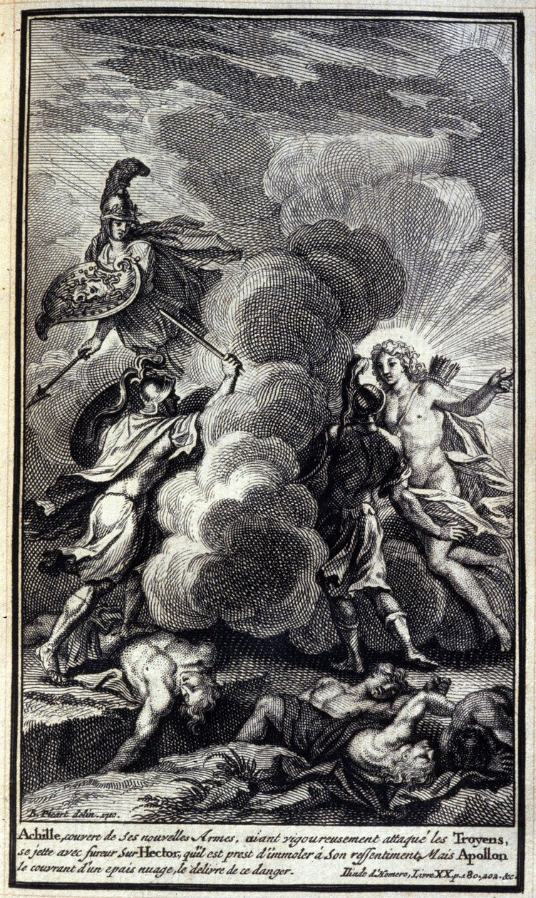 Aquiles, cubierto con sus nuevas armas, habiendo atacado rigurosamente a los troyanos, se lanza con furia sobre Héctor, a quien estaba listo para matar por su resentimiento, pero Apolo lo cubre con una espesa nube y lo libera de este peligro. Ilustración d de Unknown artist