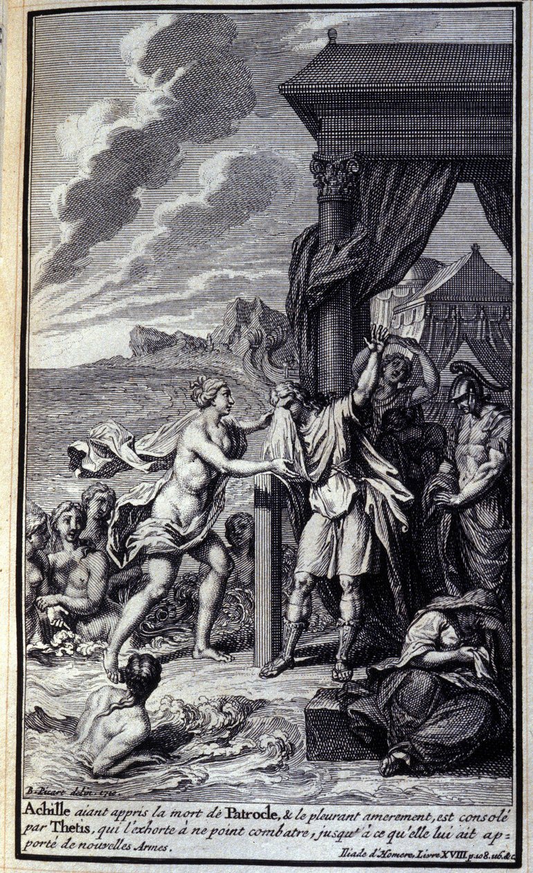 Aquiles, al enterarse de la muerte de Patroclo y llorarlo amargamente, es consolado por Tetis, quien le exhorta a no luchar hasta que le traiga nuevas armas. Ilustración del libro XVIII de la Ilíada de Homero, edición francesa de Unknown artist