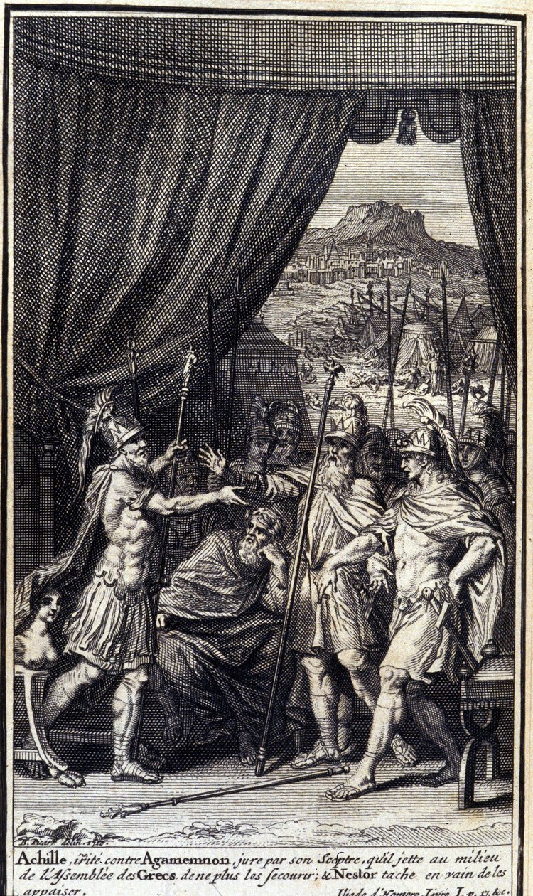 Aquiles, irritado contra Agamenón, jura por su cetro que no ayudará a los griegos; y Néstor intenta en vano apaciguarlos. Ilustración del libro I de la Ilíada de Homero, edición francesa de Unknown artist