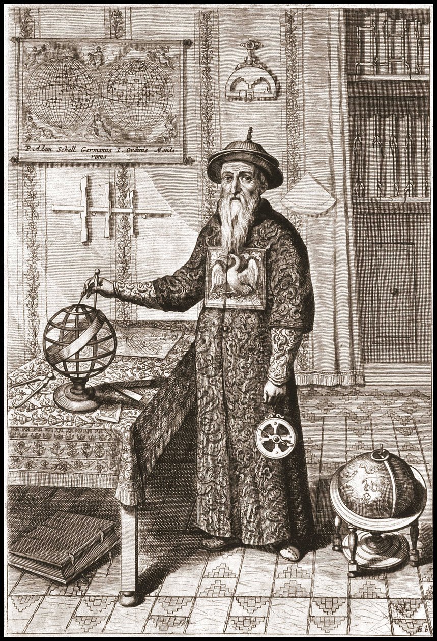 Adam Schall, astrónomo (1592-1666) en traje mandarín, con globos terráqueos y celestes y astrolabio - en 