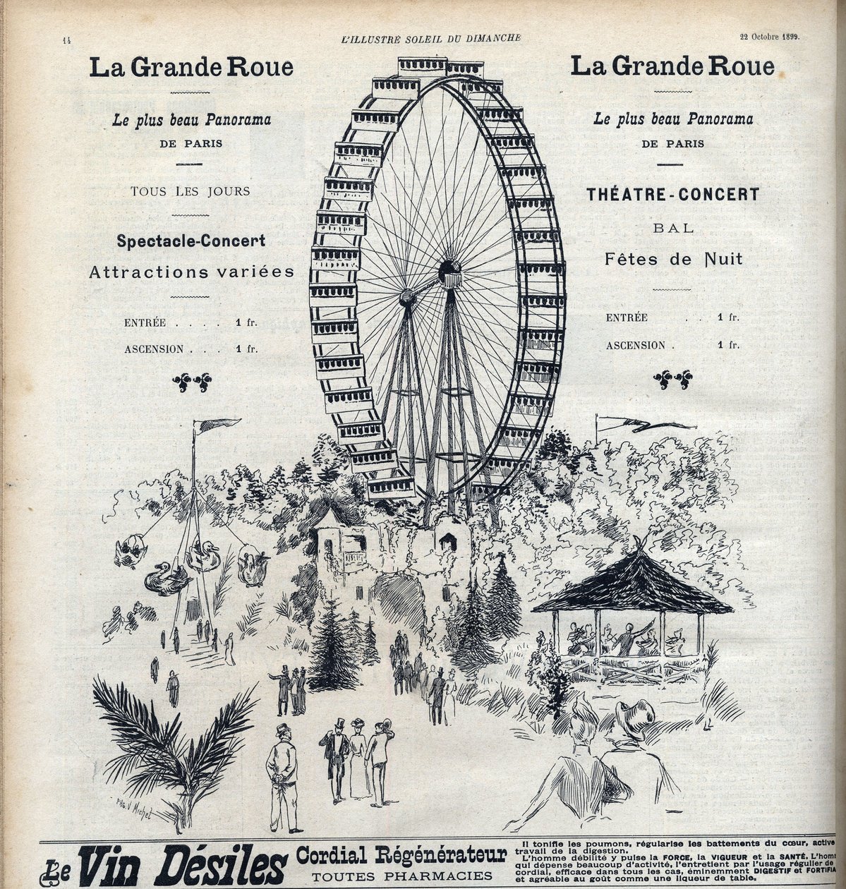 Publicidad para la noria en París que ofrece el panorama más hermoso de la ciudad por 1 franco. Grabado en "Le sun-du-dimanche" de Unknown artist