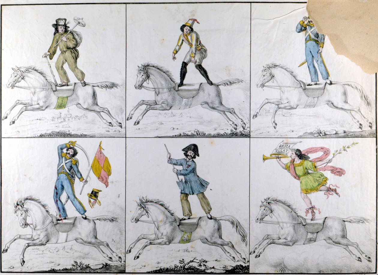 Acrobacia: Ejercicios acrobáticos a caballo. Grabado de Unknown artist