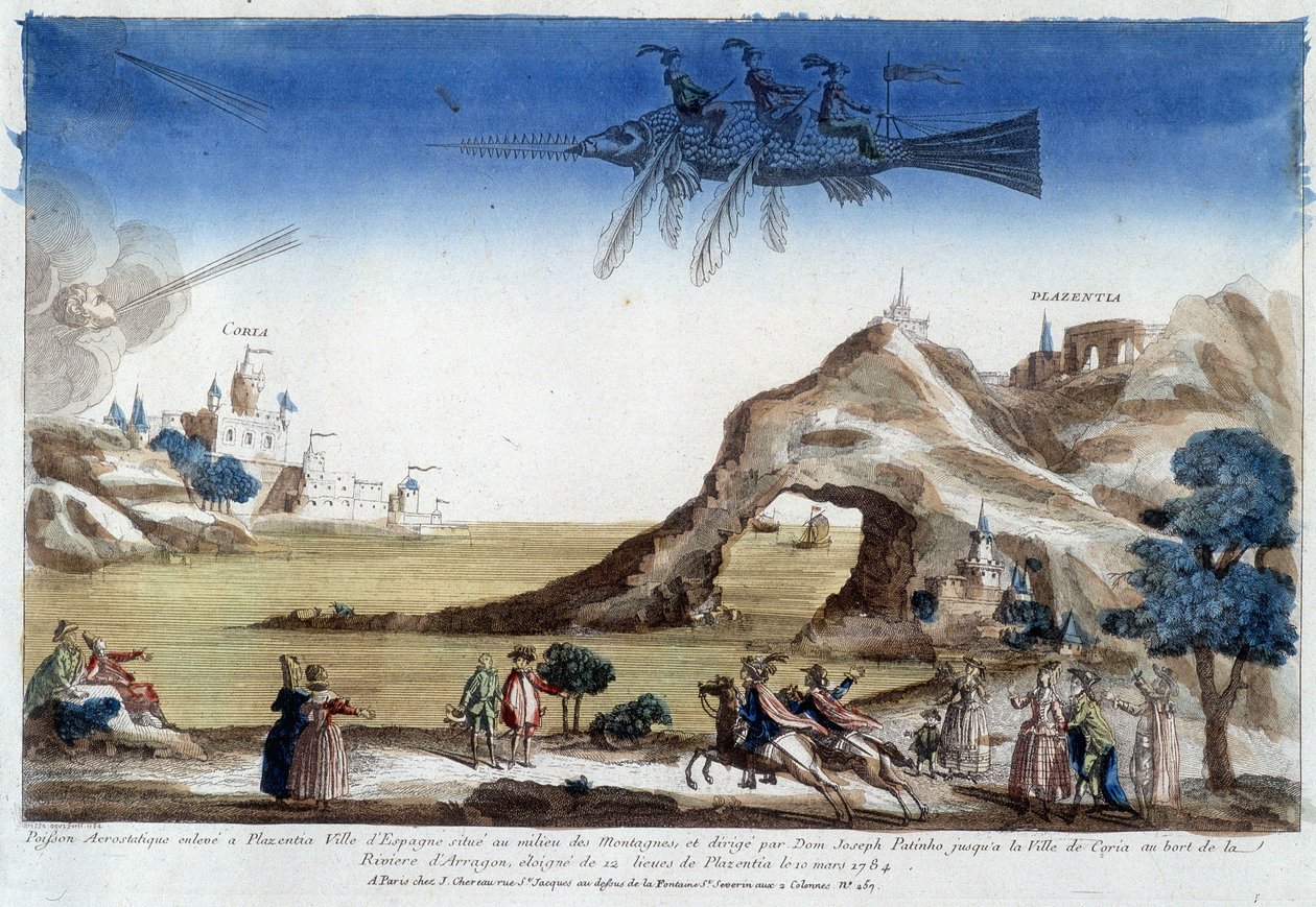 Pez aerostático elevado en Plasencia, España, dirigido por Dom Joseph Patinho, volando hacia la ciudad de Coria en las orillas del río Arragón (12 leguas de Plasencia) el 10 de marzo de Unknown artist