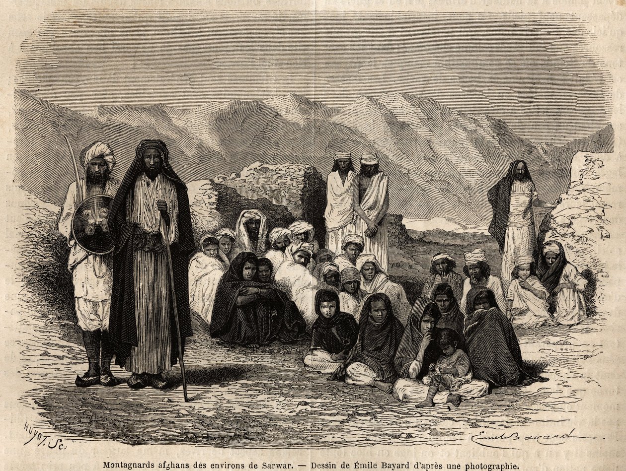 Montañeses afganos cerca de Sarwar. Grabado para ilustrar el viaje a Pandjab y Cachemira, historia de Guillaume Lejean, en 1866, publicado en “Le tour du monde, nouveau journal des voyages”, bajo la dirección de Edouard Charton de Unknown artist