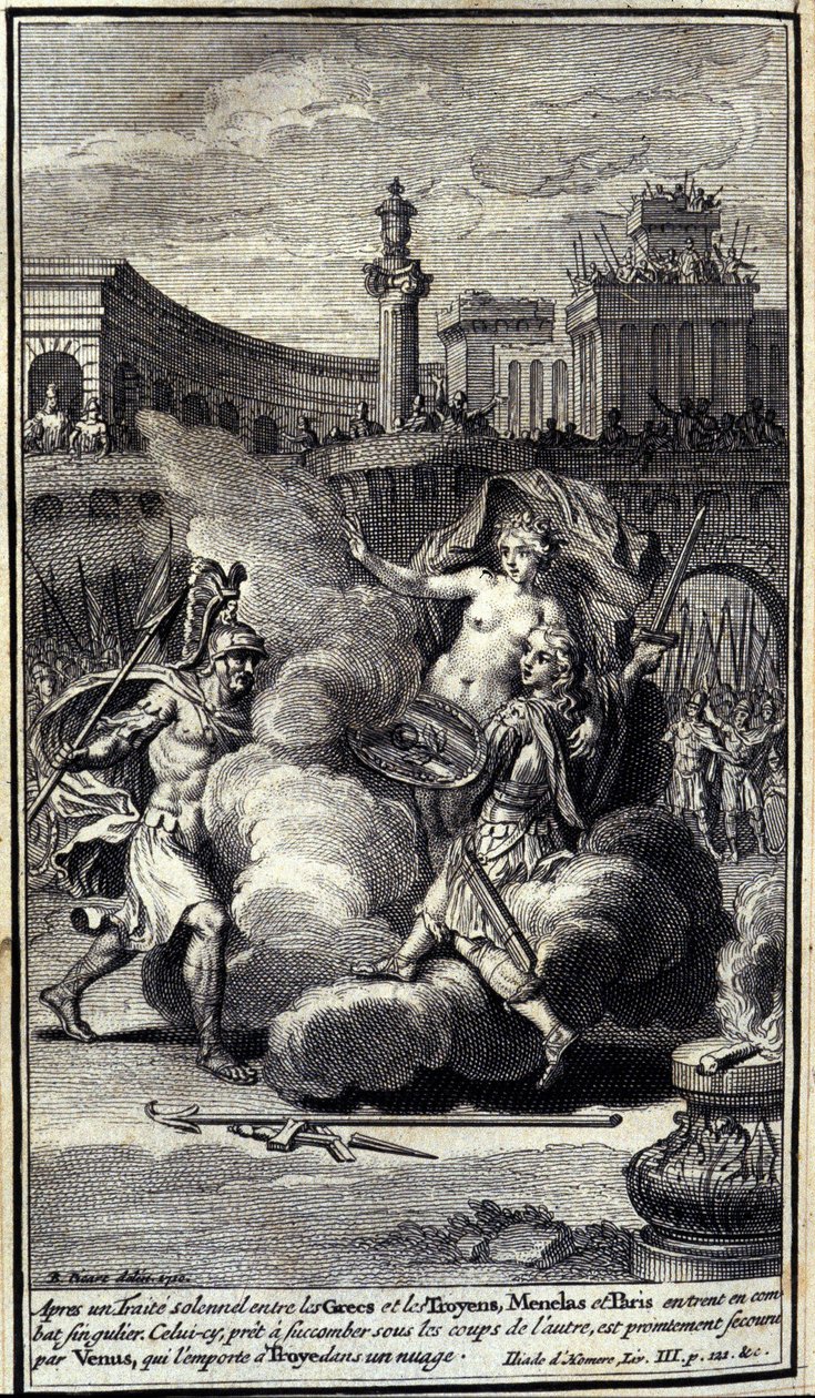 Después de un trato solemne entre los griegos y los troyanos, Menelao y Paris entraron en una batalla singular. Este, a punto de sucumbir bajo los golpes del otro, es rescatado por Venus que lo lleva a Troya en una nube. Ilustración del libro III de la Ilí de Unknown artist