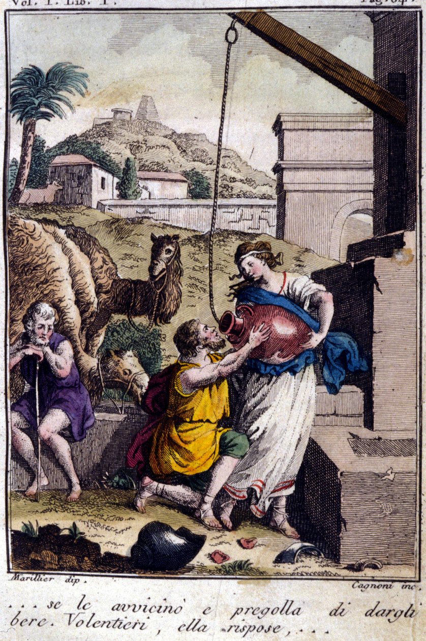 Agar en el pozo: me acerco a ella y le pido que me dé de beber. Ella responderá... Grabado de principios del siglo XIX. de Unknown artist