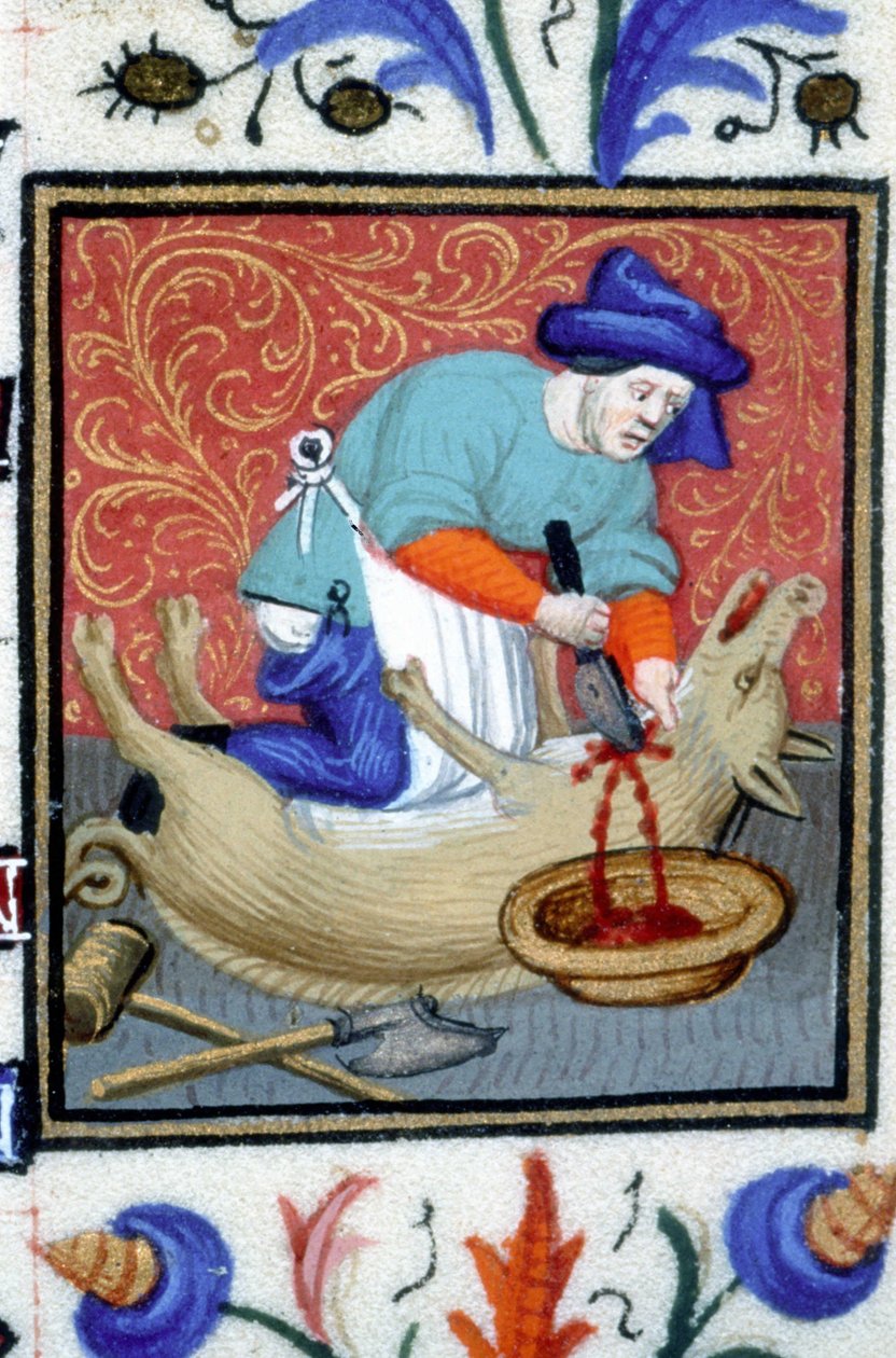 Representación alegórica de diciembre. Un carnicero mata un cerdo. Miniatura de un manuscrito del siglo XIV. de Unknown artist