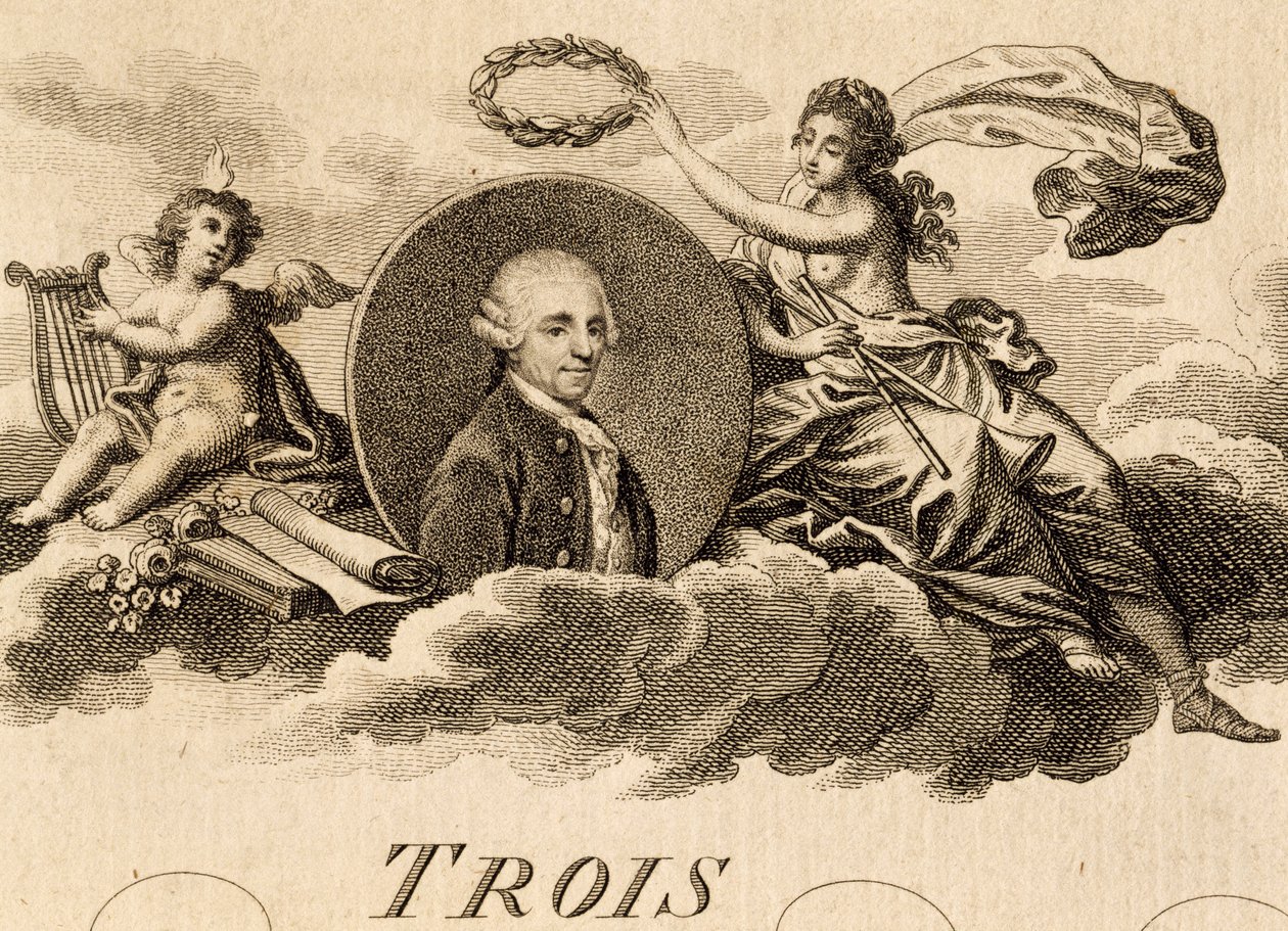 Alegoría de Franz Joseph Haydn (1732-1809) en la portada de la partitura para Tres cuartetos, Opus 75, Libro I de Unknown artist