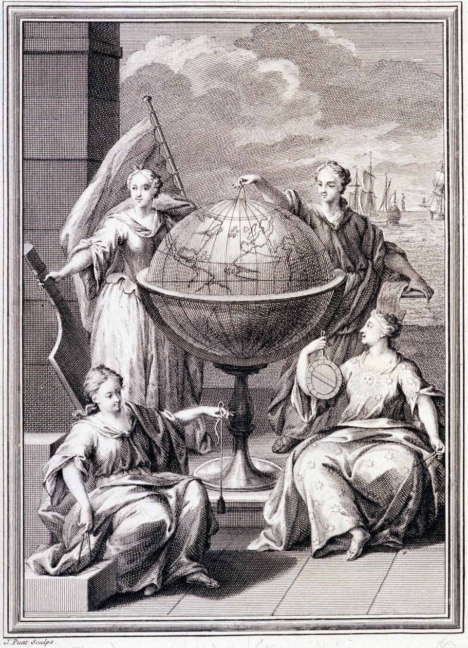 Alegoría de la Exploración del Mundo - en “Viaje Histórico de América del Sur realizado por Orden del Rey de España”, por Don Georges Juan y Don Antoine de Ulloa, Librería del Rey, París de Unknown artist
