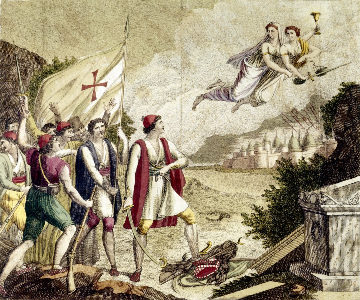 Alegoría del resurgimiento del sentimiento nacionalista de Grecia bajo la dominación otomana que llevó a la Guerra de Independencia Griega (1821-1830) o la Revolución Griega. de Unknown artist