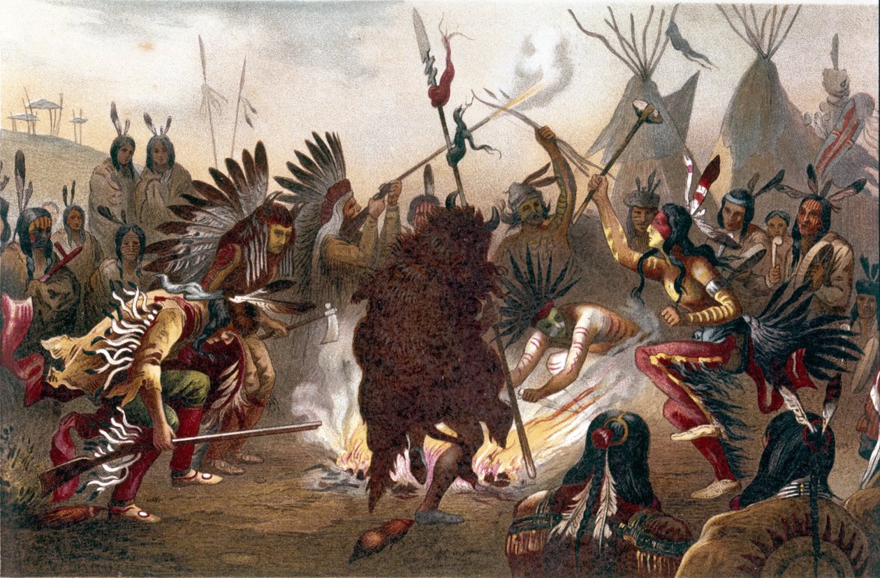 Ritual de los indios americanos (indios de las llanuras del sur de Dakota): Danza de guerra Sioux. Cromolitografía de “La raza humana” de Ratzel, aproximadamente 1890 de Unknown artist