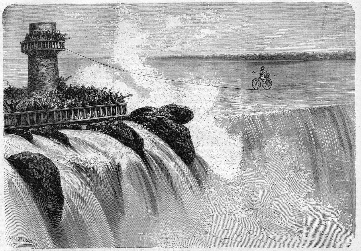 Jenkins americano cruzando las Cataratas del Niágara en un velocípedo en 1869 de Unknown artist