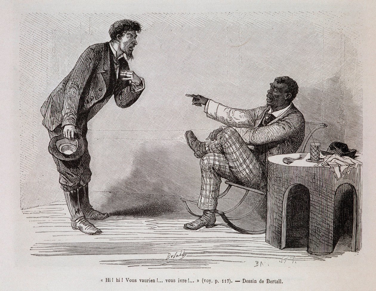 Negro americano burlándose de un blanco borracho - en "Le tour du monde", 2º semestre 1876 de Unknown artist