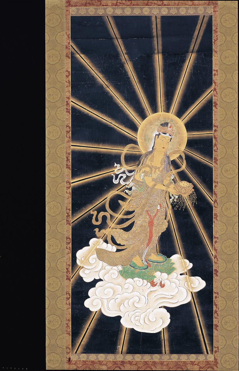 Tríada de Amitabha (Amida) descendiendo del cielo (pigmento sobre konshi (papel de arroz azul)) de Unknown artist