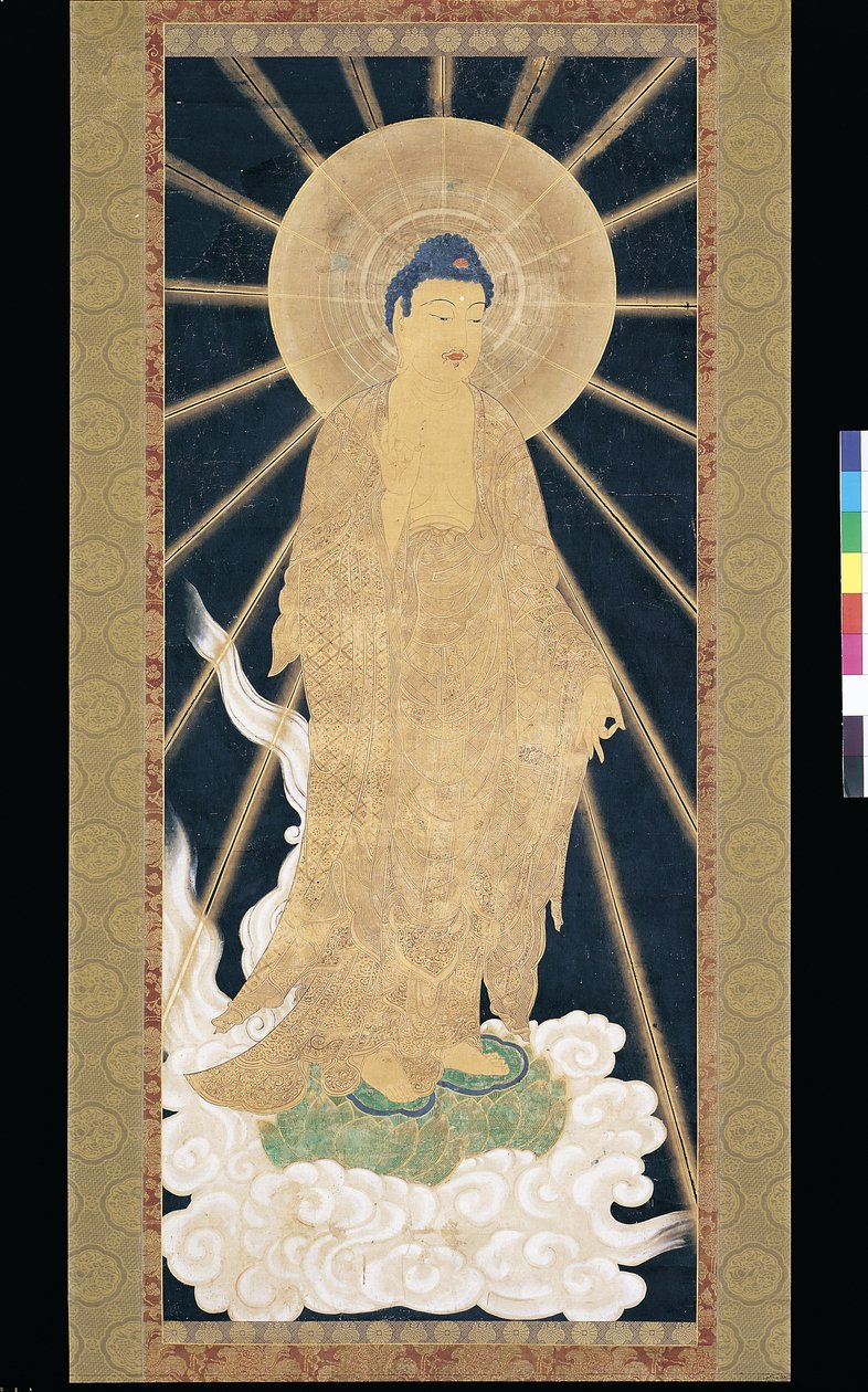 Tríada de Amitabha (Amida) descendiendo del cielo (pigmento sobre konshi (papel de arroz azul)) de Unknown artist