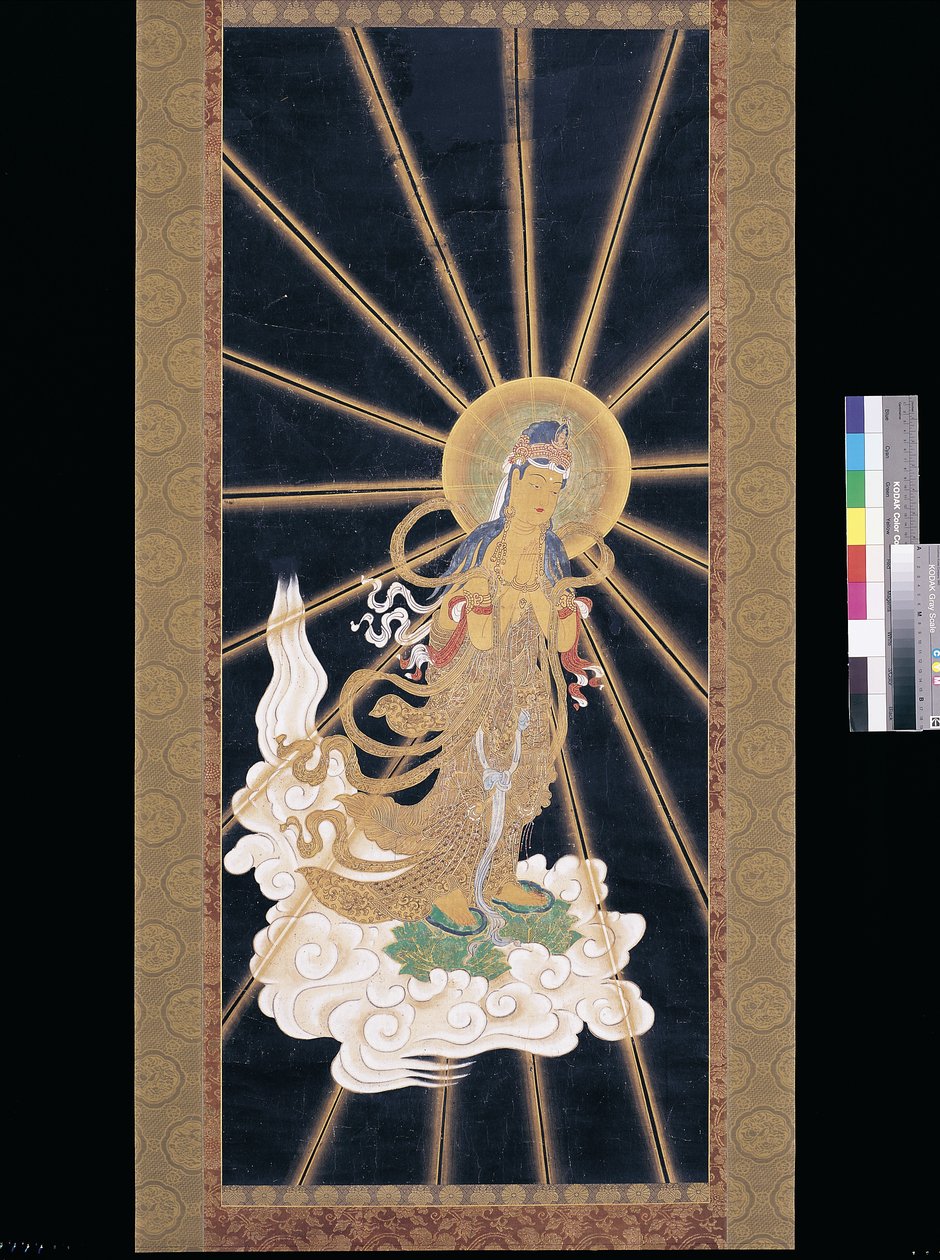 Tríada de Amitabha (Amida) descendiendo del cielo (pigmento sobre konshi (papel de arroz azul)) de Unknown artist