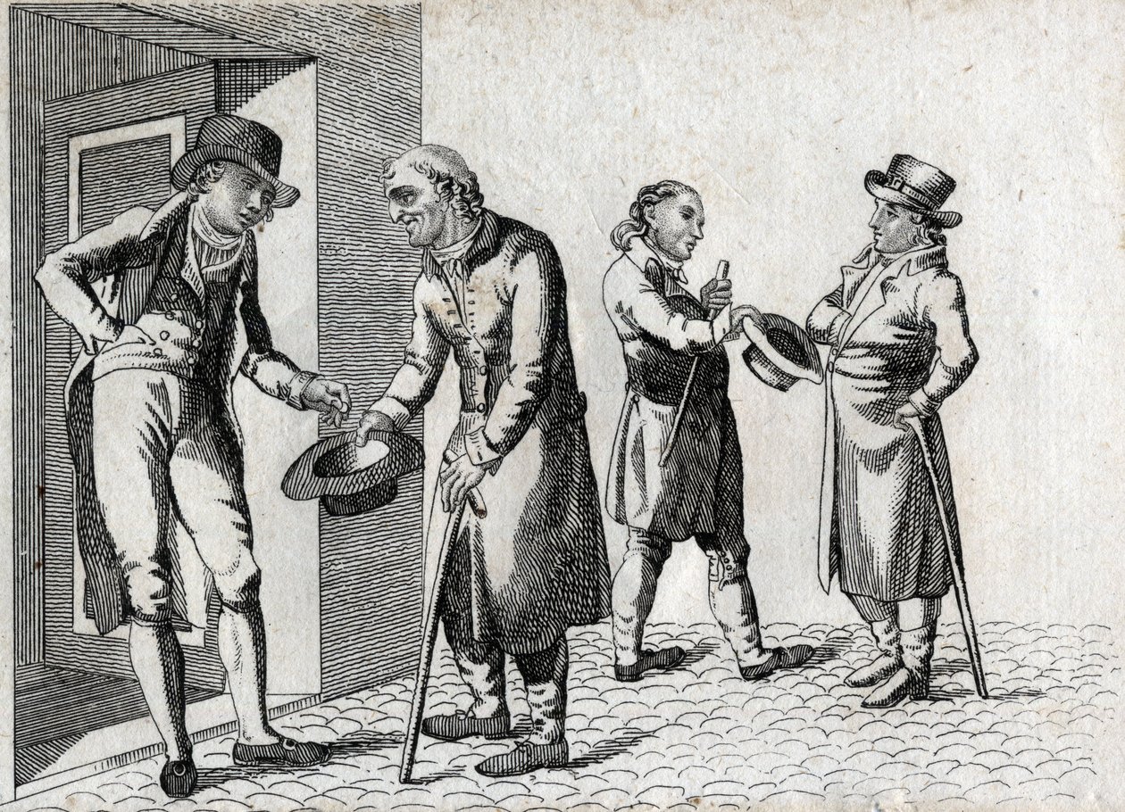 Amone. Mendigos tendiendo sombreros para recibir monedas. Grabado de finales del siglo XVIII. Colección privada. de Unknown artist