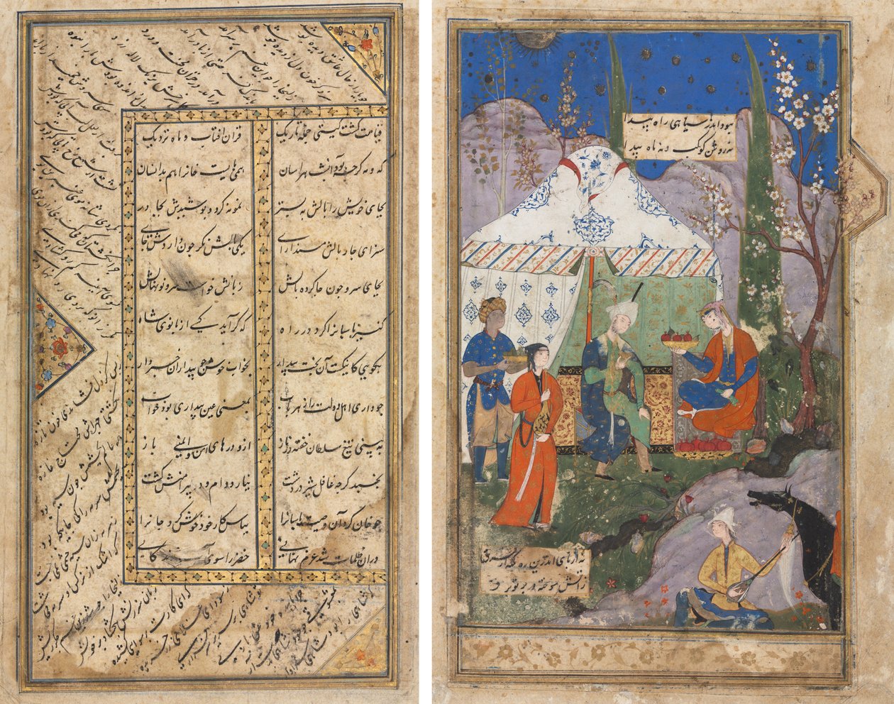 Un Episodio de la Historia del Rey Sasánida Khusrau y su Amada Shirin, de un Khamsa (Quinteto) de Nizami (1141-1209) (verso); Versos persas de un Haft Awrang (Siete Tronos) de Jami (d. 1492) (recto) de Unknown artist