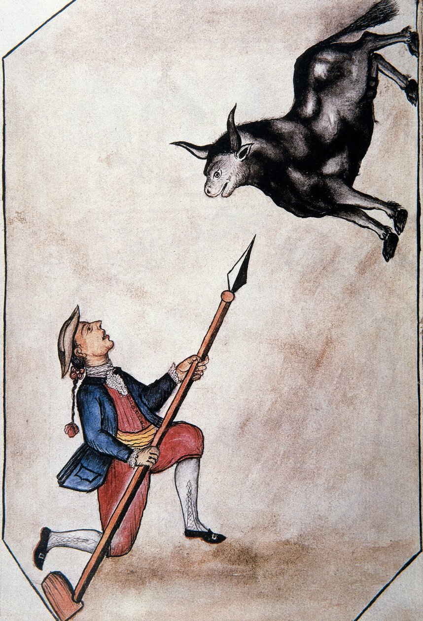 Un indio apuntando con su lanza a un toro, del libro "Trujillo del Perú" o "Códice Martínez Compañón", por Baltazar Martínez Compañón y Bujanda, obispo de Trujillo (1782-1785) de Unknown artist