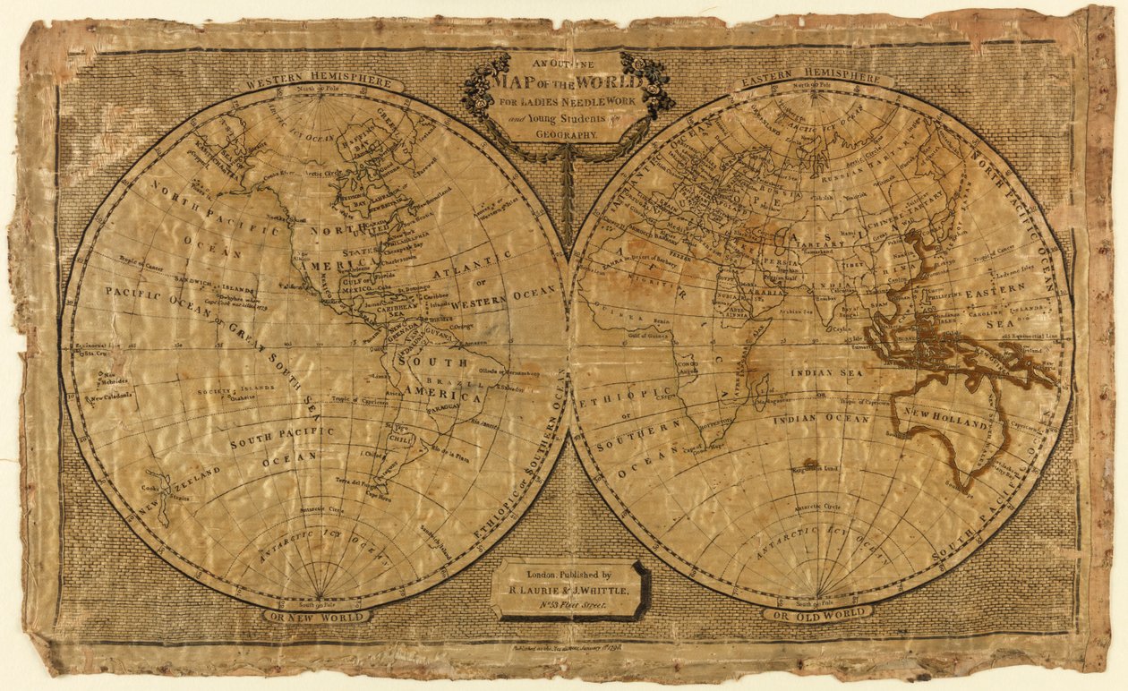 Mapa esquemático del mundo para bordado de damas y jóvenes estudiantes de geografía de Unknown artist