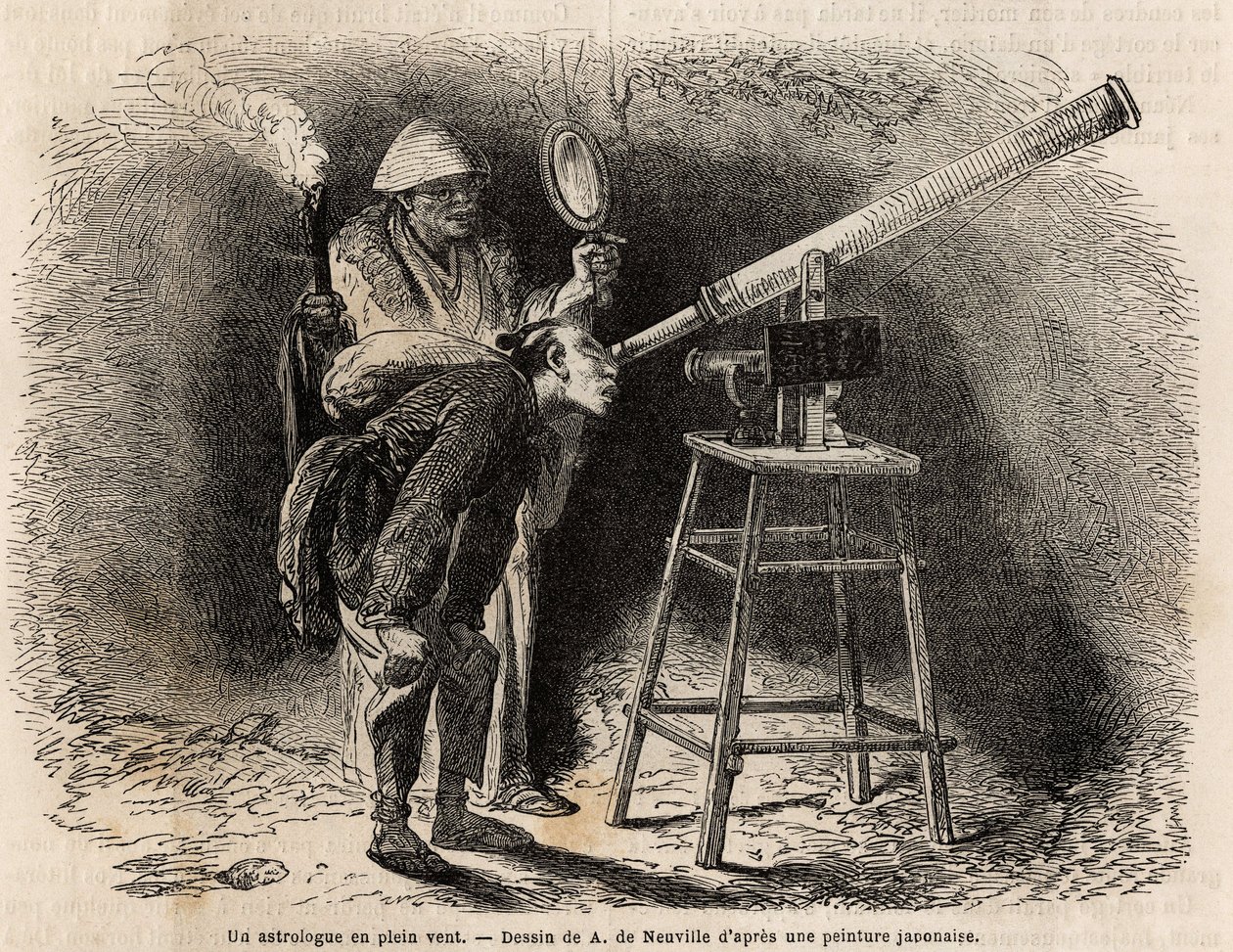 Un astrónomo busca el cielo al aire libre usando su telescopio. Grabado para ilustrar el viaje a Japón, en 1863-1864, por Aime Humbert, ministro de la Confederación Suiza, en "Le tour du monde, nouveau journal des voyages" publicado bajo la dirección de Ed de Unknown artist