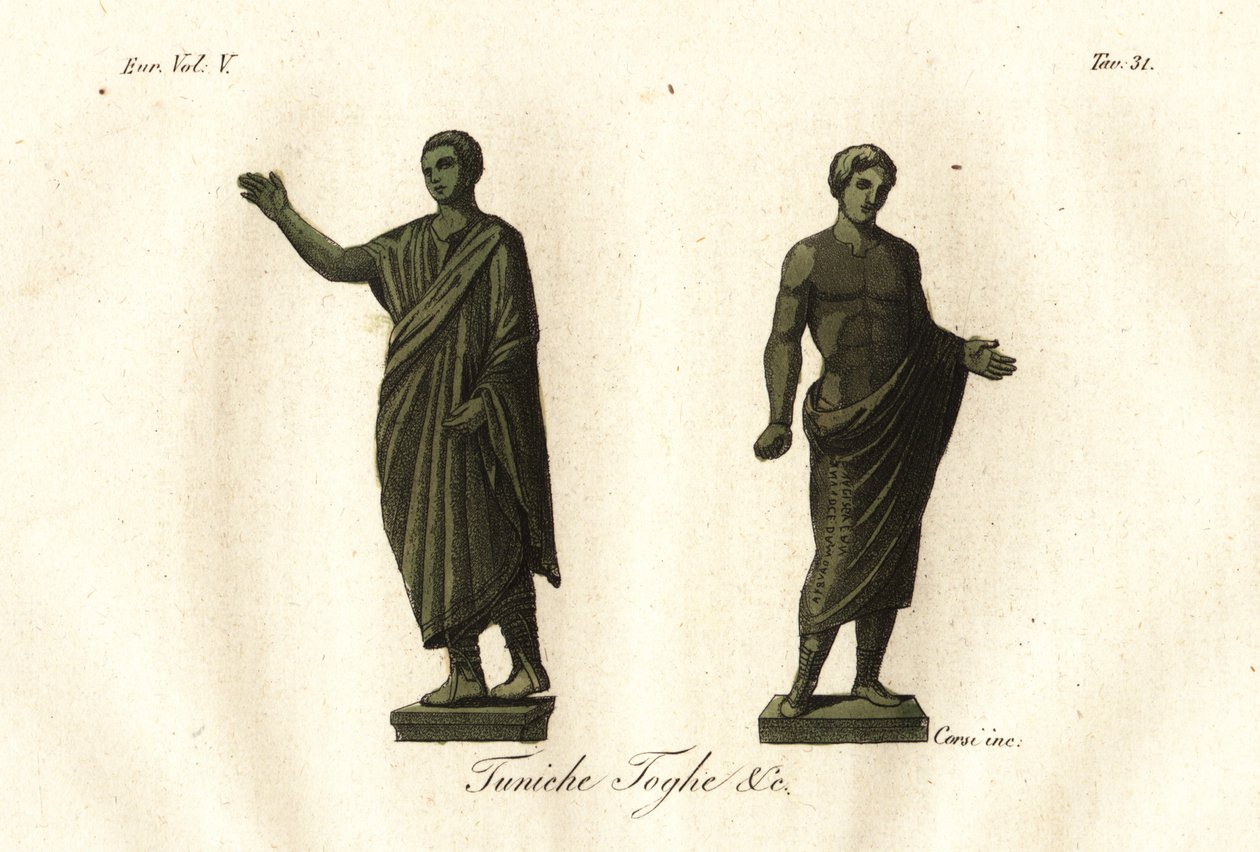 Estatuas etruscas antiguas que muestran a hombres vistiendo la toga, túnica, calzari (zapatos), etc. de Unknown artist