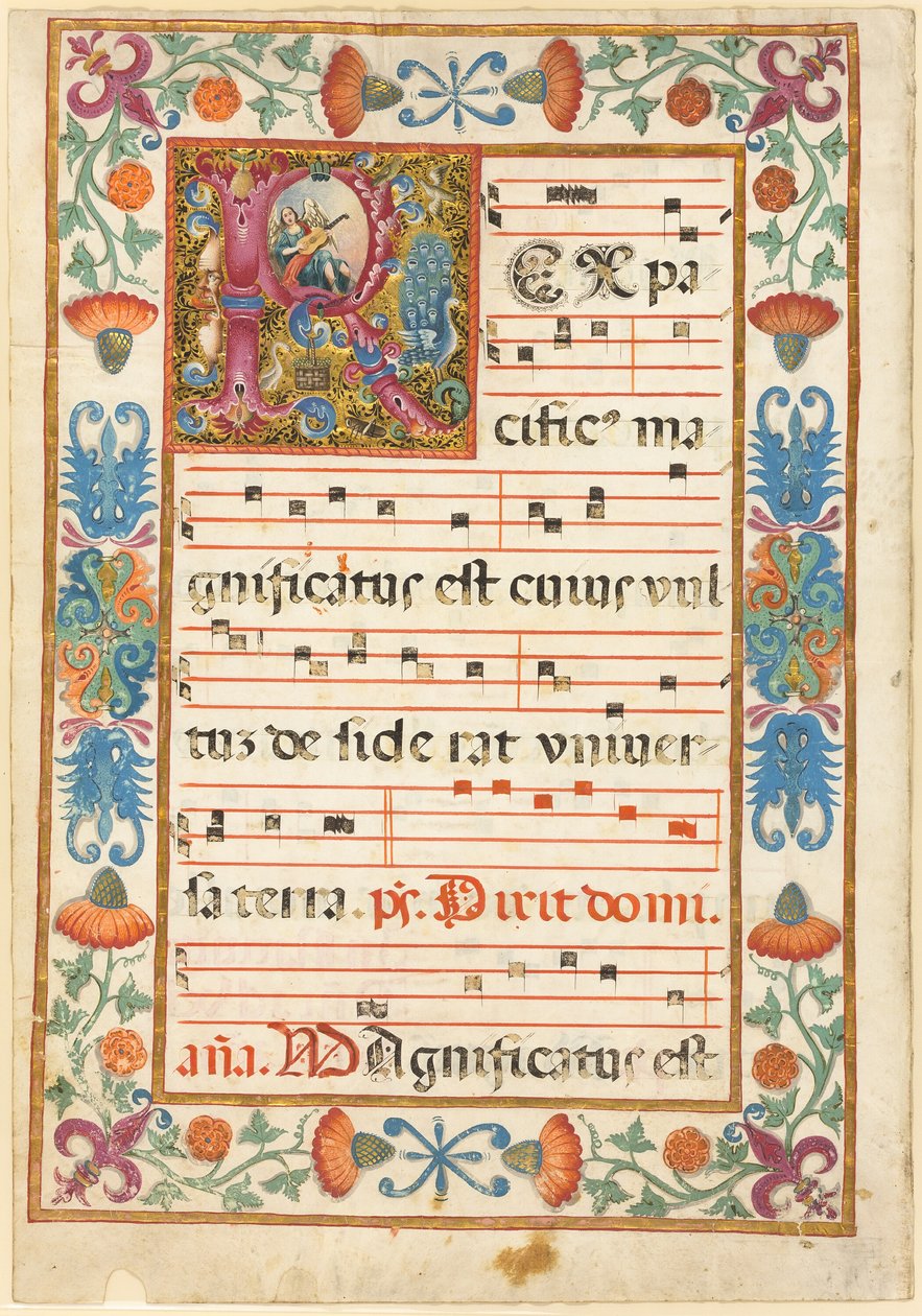 Ángel tocando un instrumento en una "R" inicial decorada con flora, fauna y grotescos, de una antífona de Unknown artist