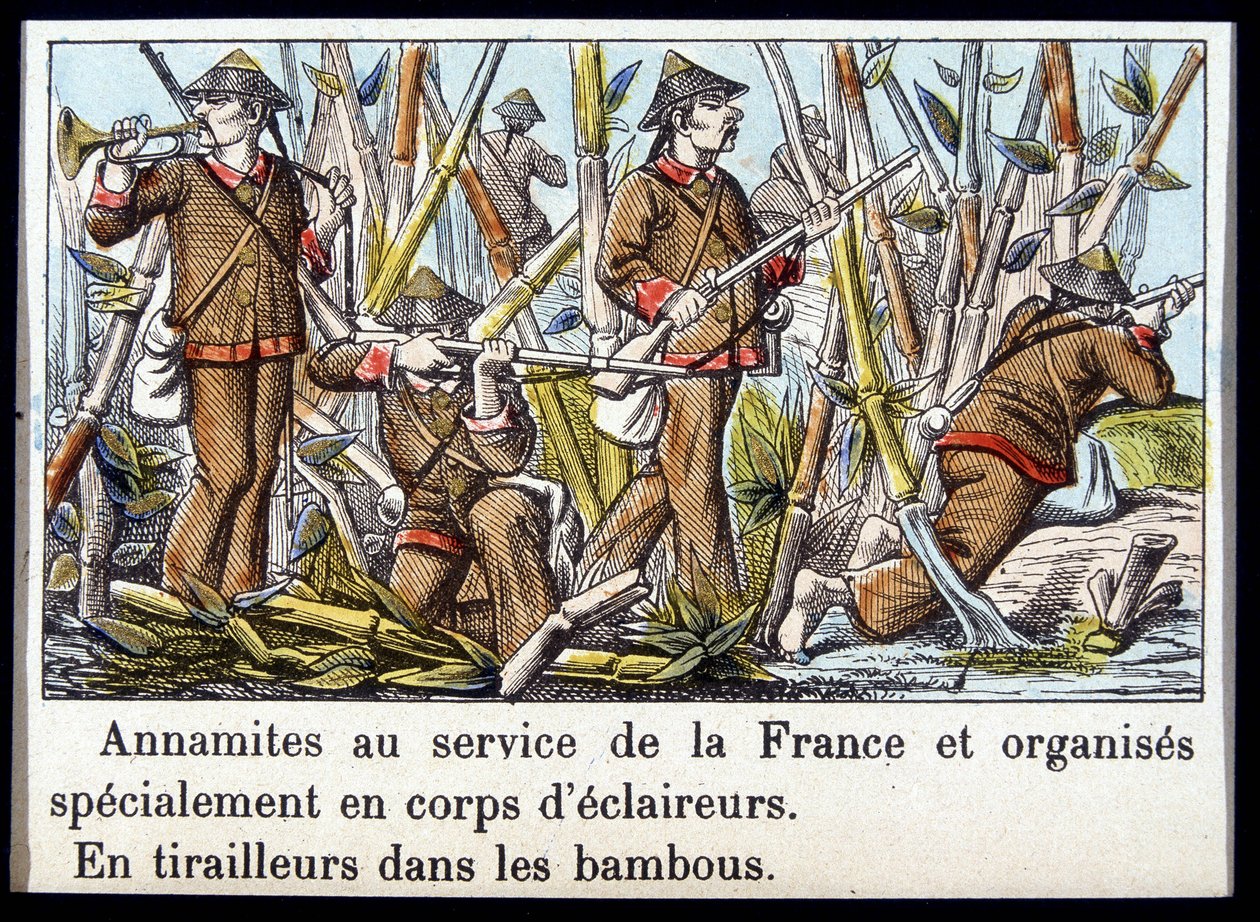 Anamitas al servicio de Francia y especialmente organizados en cuerpos de exploradores, en artilleros de bambú de Unknown artist