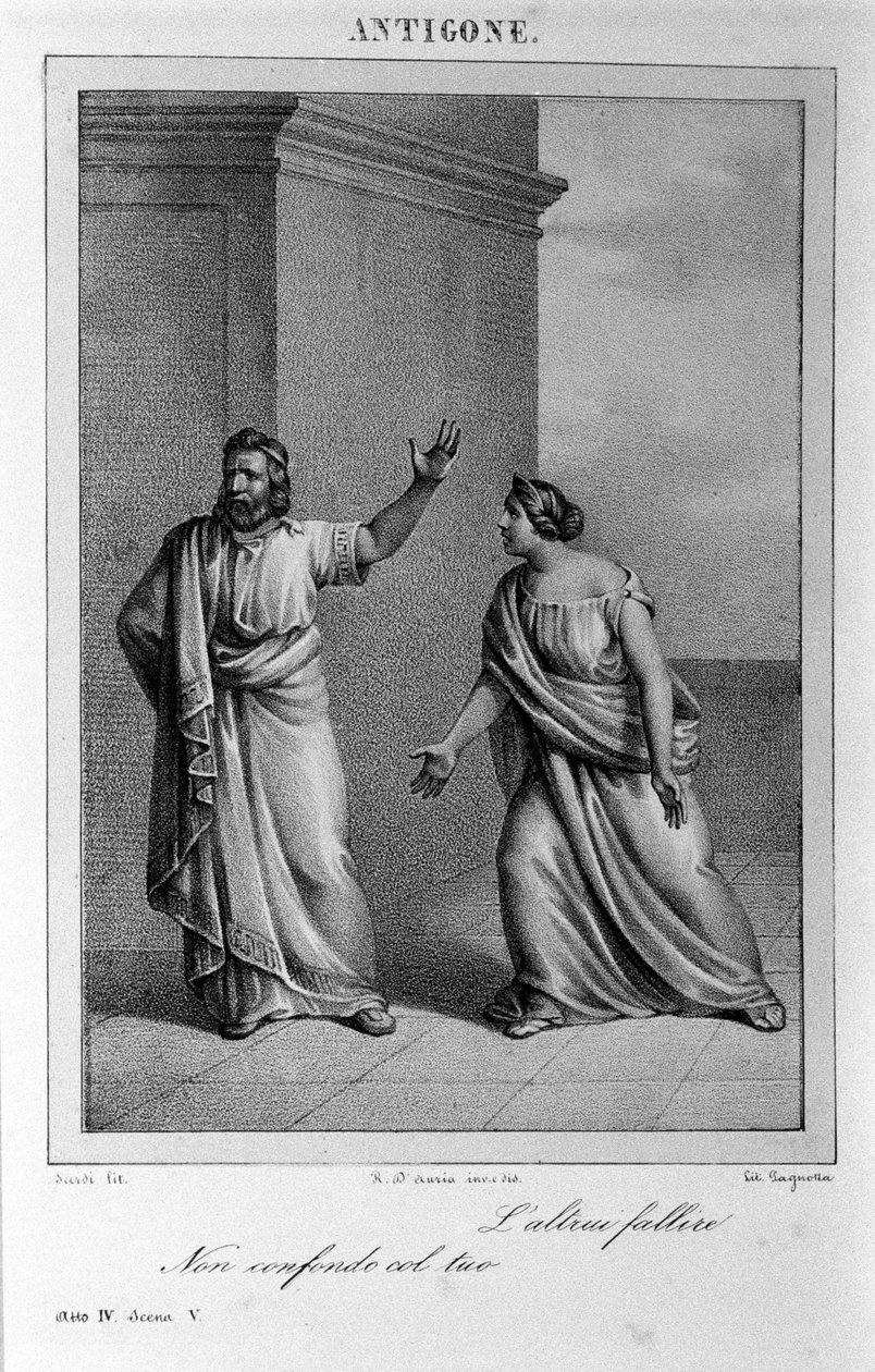 Antígona Acto IV, escena 5. Tragedia italiana de Vittorio Alfieri escrita en 1783 después de la mitología griega. Grabado del siglo XVIII de Unknown artist