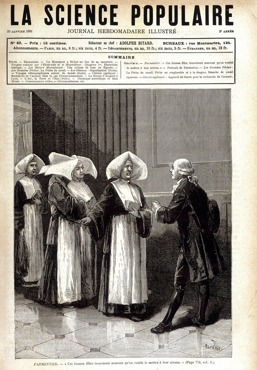 Antoine Augustin Parmentier (1737 - 1813), farmacéutico conocido por difundir el cultivo de la papa en Francia, hablando con monjas. en "La ciencia popular" 20/01/1881 de Unknown artist