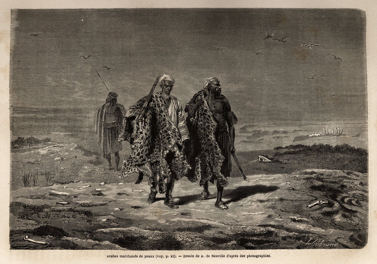 Beduinos árabes, comerciantes de pieles de pantera y lana de oveja, en ruta hacia el mercado de Bagdad (Irak). Grabado para ilustrar el viaje a Babilonia, en 1866, por Guillaume Lejean, en “Le tour du monde, nouveau journal des voyages” publicado bajo la d de Unknown artist