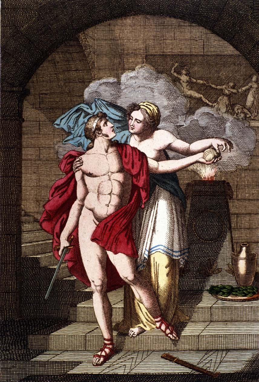 Ariadna da a Teseo el hilo para que pueda salir del laberinto - en Dizionario mitologico de Unknown artist