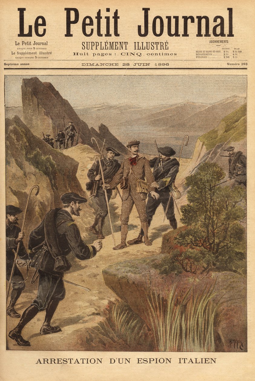 Arresto de un espía italiano, el Capitán Vittorio Ravelli, por el 23º Batallón de Cazadores Alpinos, al norte del departamento de los Alpes Marítimos. Grabado en "Le petit journal" 28/06/1896. Colección de Selva. de Unknown artist