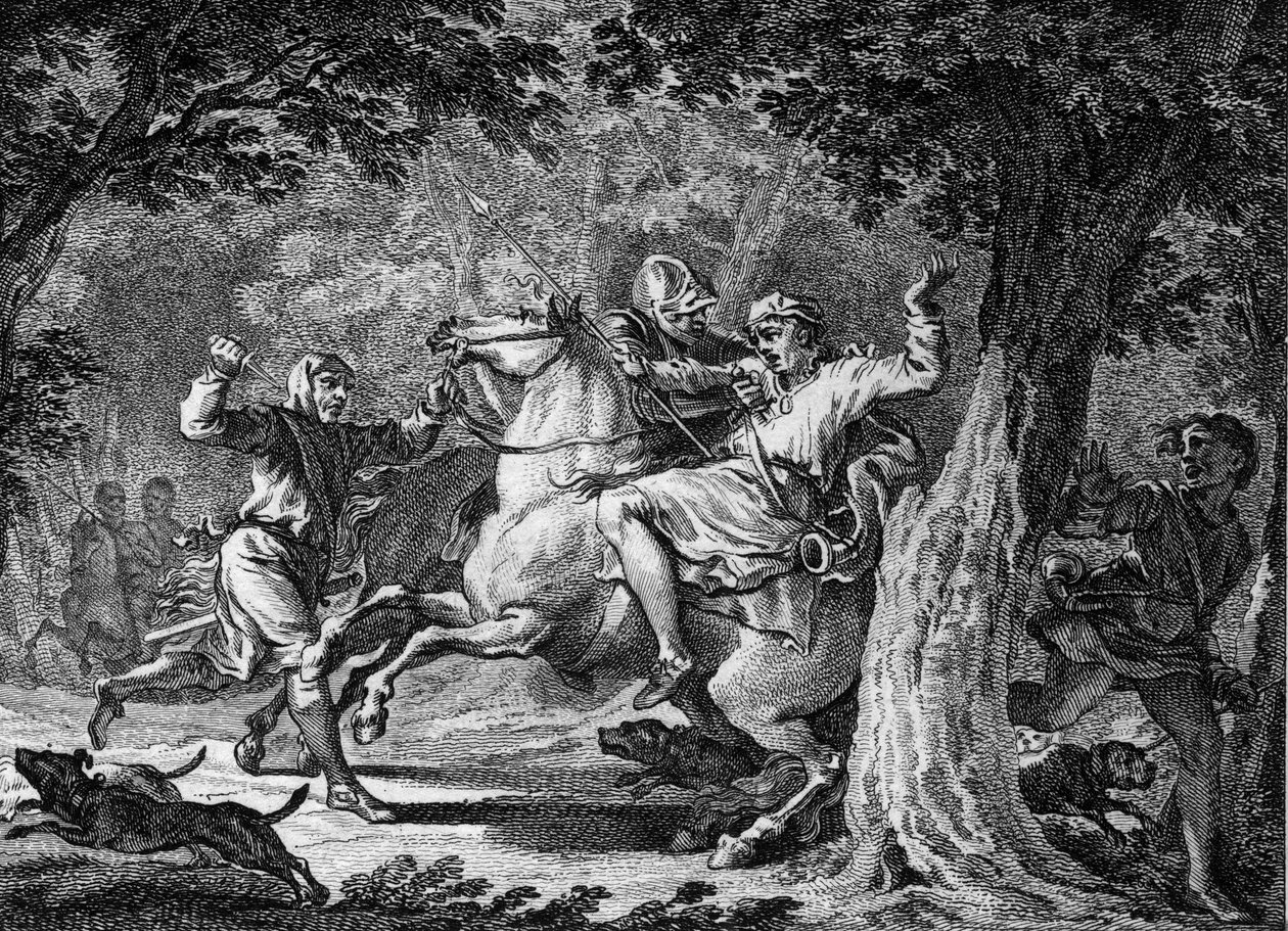 Asesinato de Childerico II, 675: el rey de los francos (circa 653-675) fue asesinado en el bosque de Lognes por Bodillon, un señor a quien había azotado. Grabado del siglo XVIII. de Unknown artist
