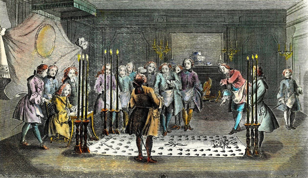 Asamblea de francmasones para la recepción de maestros Grabado alrededor de 1750 Colección privada de Unknown artist