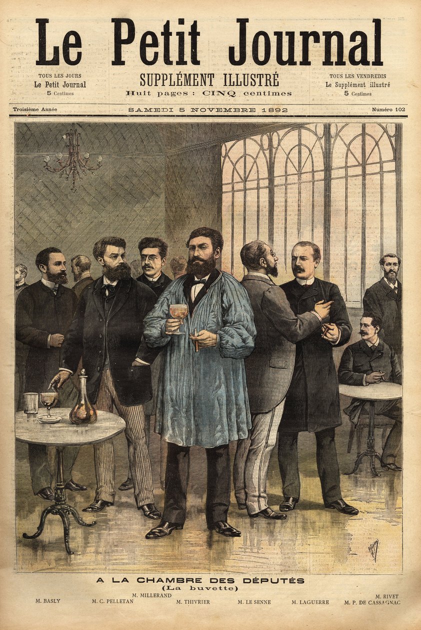 En el bar de la Cámara de Diputados, con de izquierda a derecha: Emile Basly (1835-1928), diputado de París, del movimiento sindical de mineros, Camille Pelletan (1846-1915) periodista escritor y diputado de Bocas del Ródano, Alexandre Millerand (1859-1 de Unknown artist