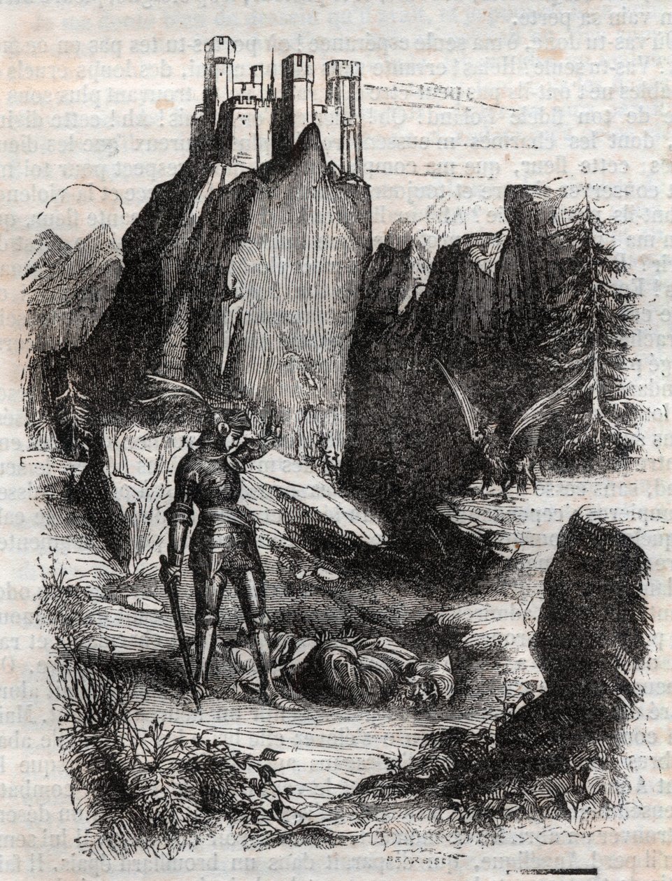 Atlante derrotado por Bradamante - grabado de 1851 de “Roland Furioso” de Unknown artist