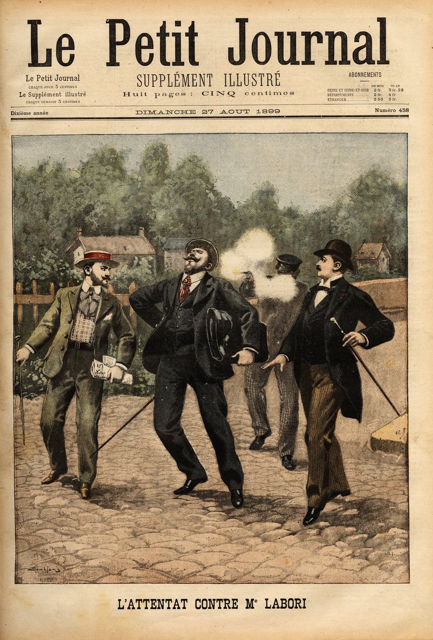 Ataque a Mr Fernand Labori (1860-1917), abogado en la defensa de Alfred Dreyfus (1859-1935), alcanzado por una bala en la espalda en Rennes mientras se dirigía al lugar donde se juzgaba el caso. Grabado en “Le petit journal” 27/8/1899. Colección Selva de Unknown artist