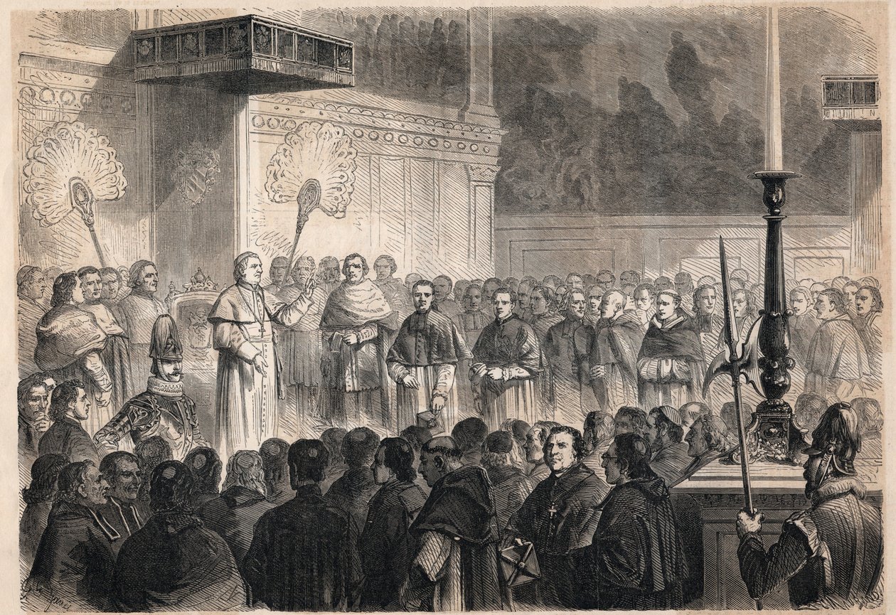 Audiencia dada por el Papa Pío IX (1792-1878) a eclesiásticos extranjeros en la Capilla Sixtina en Roma con motivo de las celebraciones de la canonización de los 26 "mártires de Japón", un grupo de católicos crucificados en Japón en 1597. de Unknown artist